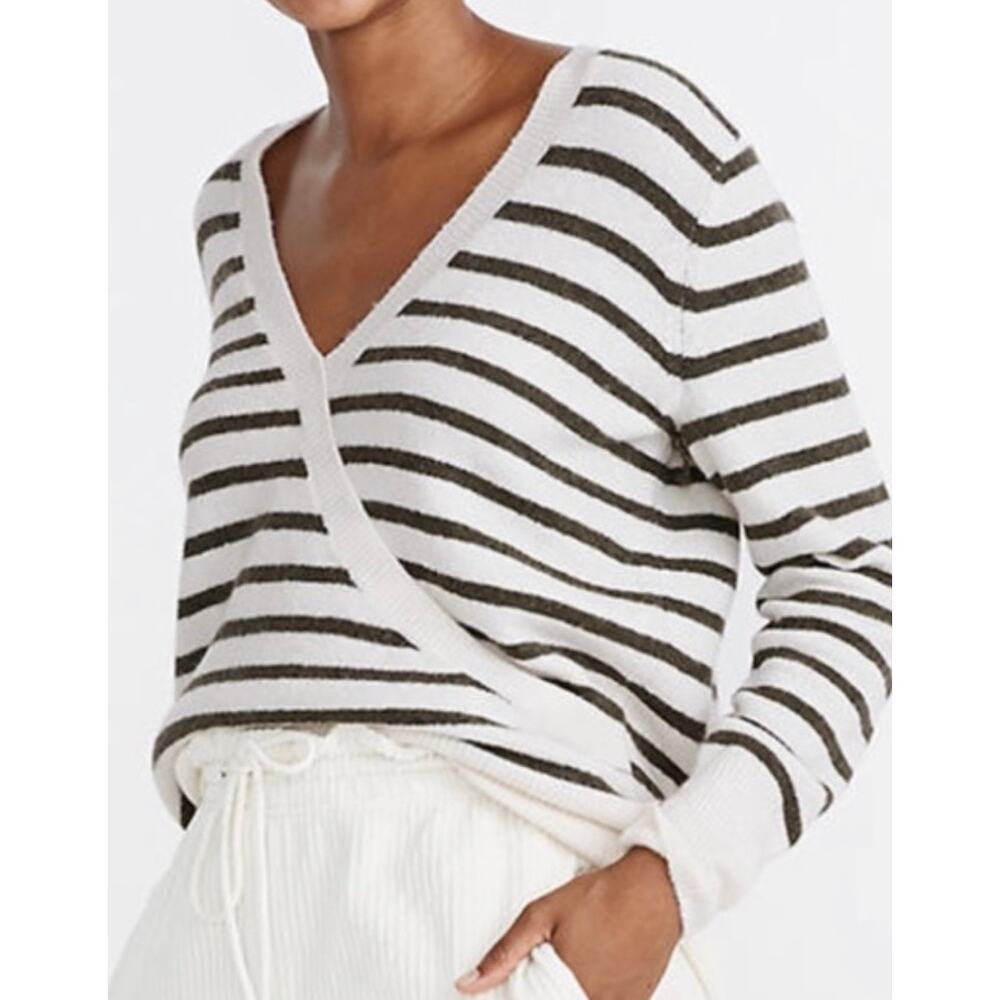 Madewell Striped Wrap Sweater Alpaca Wool Blend Cream Gray Size Small Soft Fuzzy